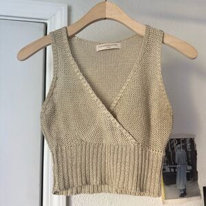 CAMAROHA SUTRA tan stretchy surplice open crochet knit cropped sweater tank top